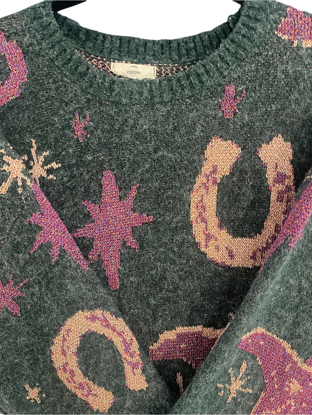 entro Fuzzy Western Sweater Country Christmas in Green, Pink Chic Soul 1x - Picture 4 of 4